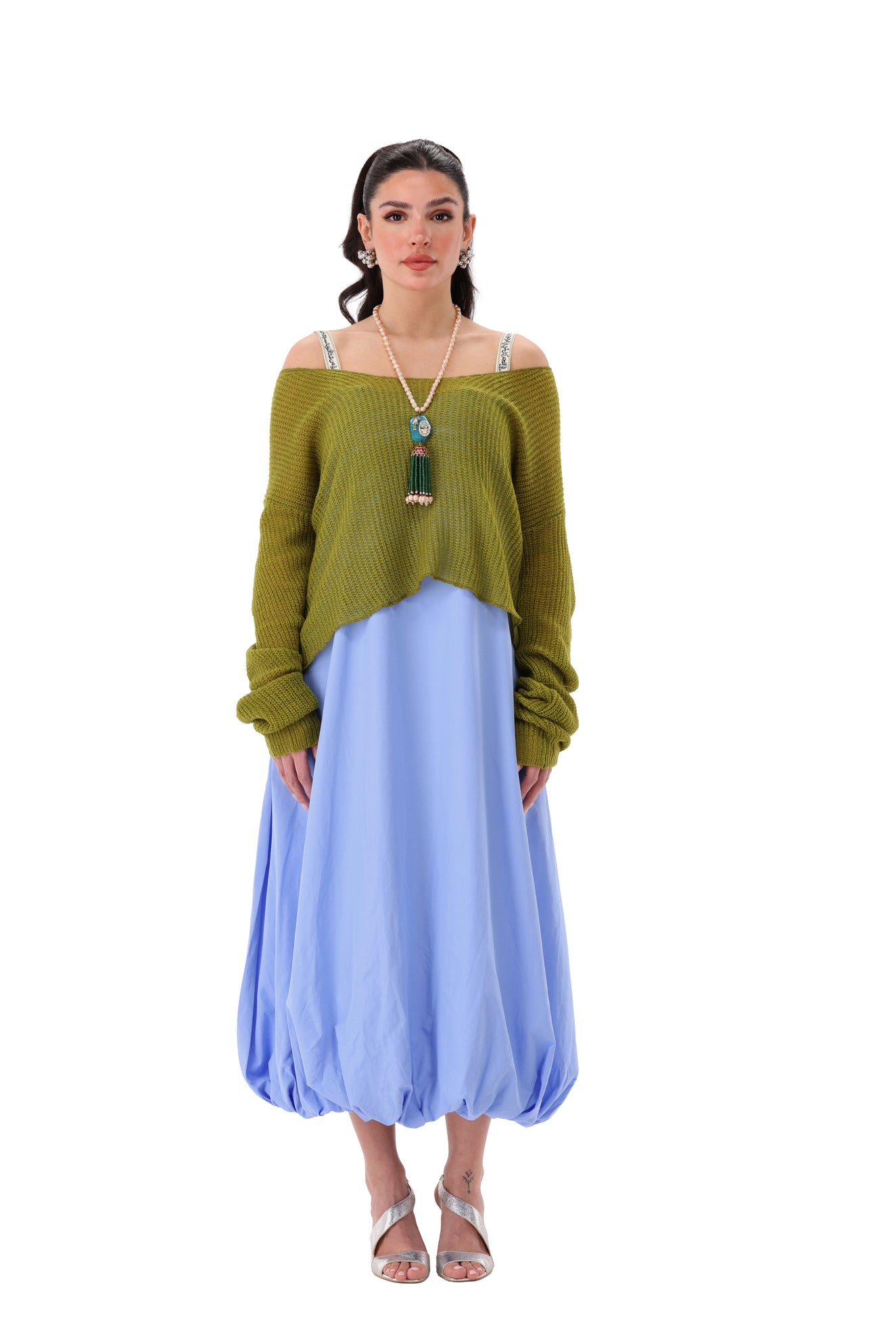 Tasbeeh Blue Dress with Green Sweater (2 pieces)