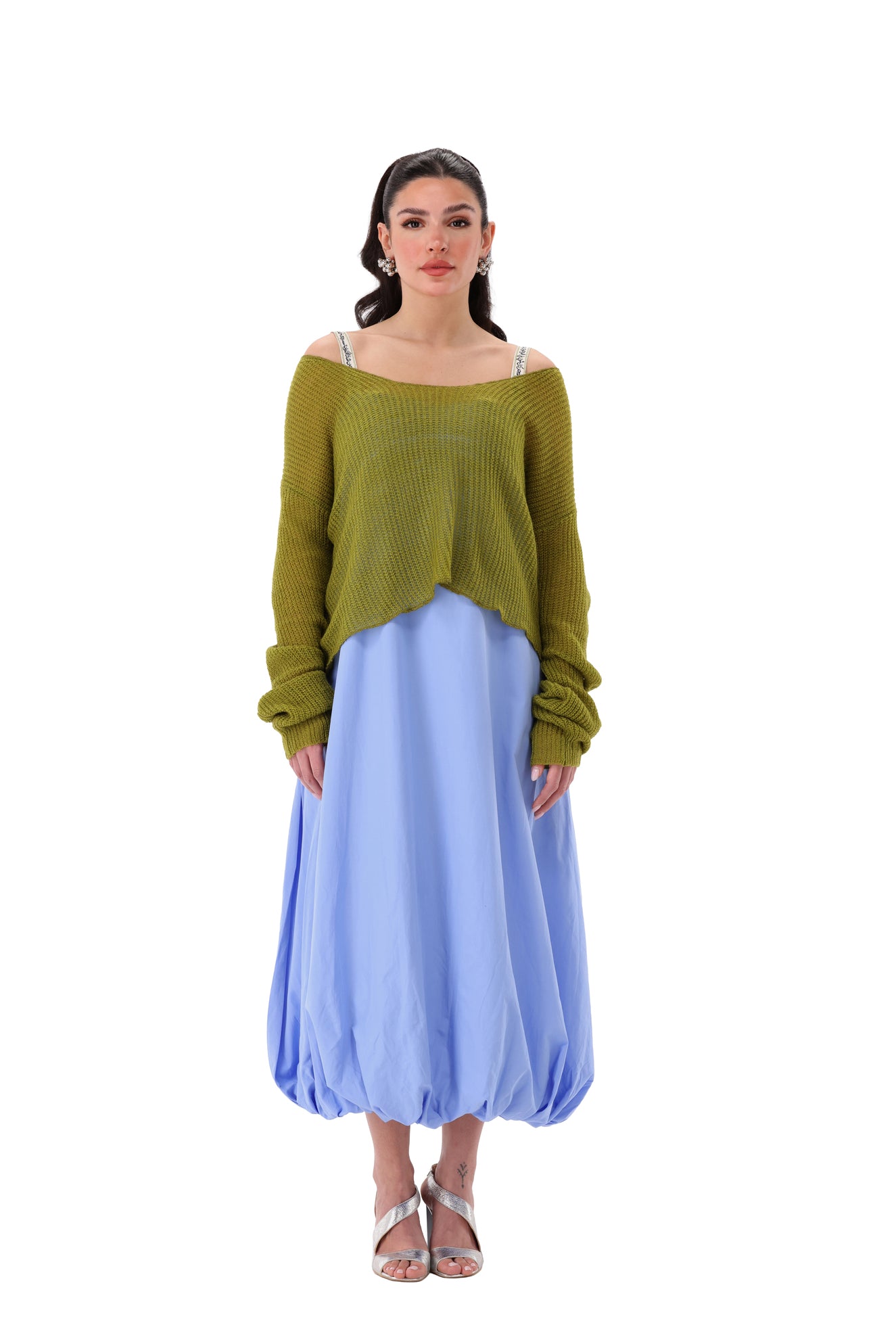 Tasbeeh Blue Dress with Green Sweater (2 pieces)